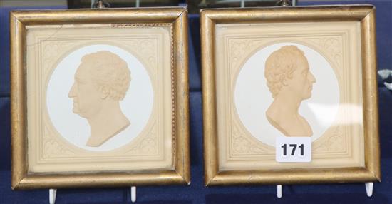 A pair of early Victorian plaster relief portrait plaques of Keates and Morot, retailed by Aikman & Kellock of Edinburgh, 3in.